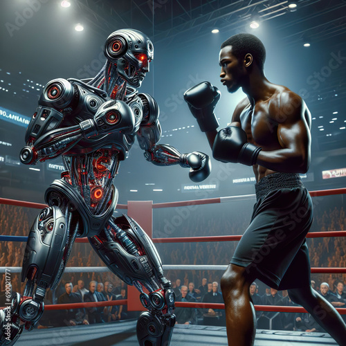 A cyborg and a human boxer fighting during a boxing match. © Claudio Caridi