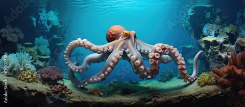 A stunning octopus explores its watery domain, accompanied by vibrant fish, within rocky caves.