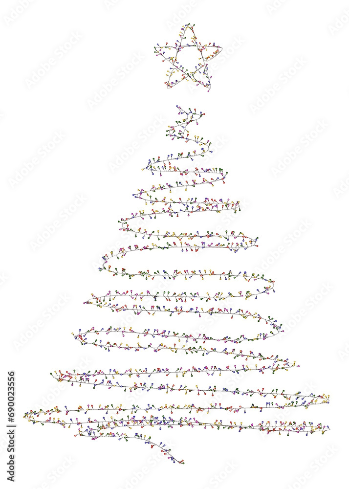 Fototapeta premium Vibrant string lights outline a Christmas pine tree topped with a star, fitting for holiday, wedding, birthday, or New Year’s decor. An excellent choice for event embellishments. PNG