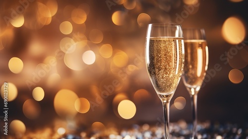 Two glasses of champagne against a background of blurred lights.