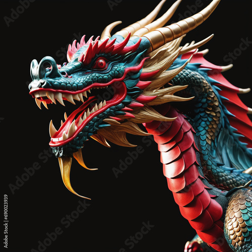 Fantasy art portrait real dragon head close-up sharp teeth beautiful eyes muzzle in dark gray-green scales  spikes. Creative big dinosaur toy of Jurassic period. chinese new year  dragon years