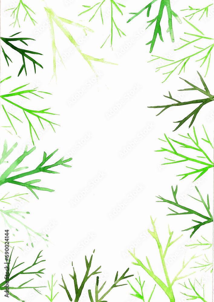 Frame of tree branches without leaves. White copy space. Branches different shades of green. Watercolor painting. Straight lines of different sizes. Postcard, certificate, invitation. Spring, summer.