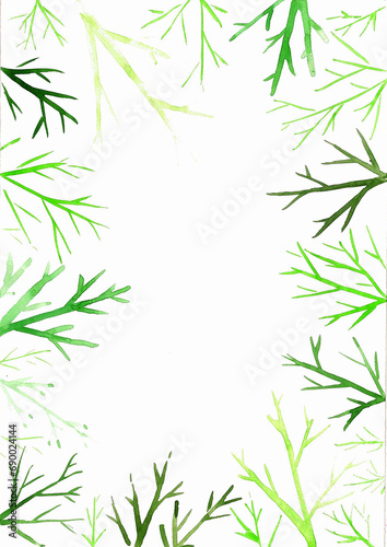 Frame of tree branches without leaves. White copy space. Branches different shades of green. Watercolor painting. Straight lines of different sizes. Postcard, certificate, invitation. Spring, summer. © Lesia