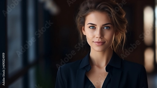 copy space, stockphoto, picture portrait of attractive office worker young woman. Successful bussinesswoman posting in front of the camera. Female manager. © Dirk
