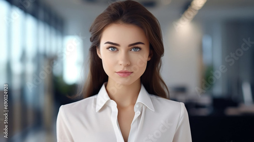 copy space, stockphoto, picture portrait of attractive office worker young woman. Successful bussinesswoman posting in front of the camera. Female manager.