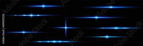 
Blue lines of light. Flash Light. Horizontal lines of highlights. Blue neon stripes or flash. photo