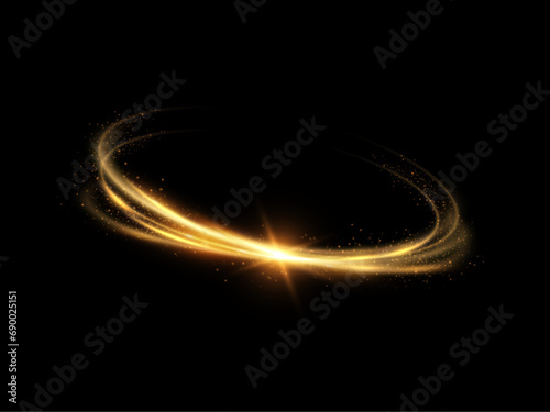 Glowing golden spiral. Speed ​​abstract lines effect. Rotating shiny rings. Glowing circular lines. Glowing ring trail. Vector.	