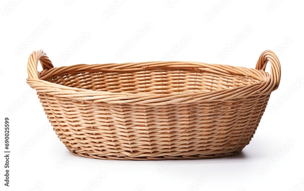 Empty wicker basket with handles for Easter, picnic isolated on white background
