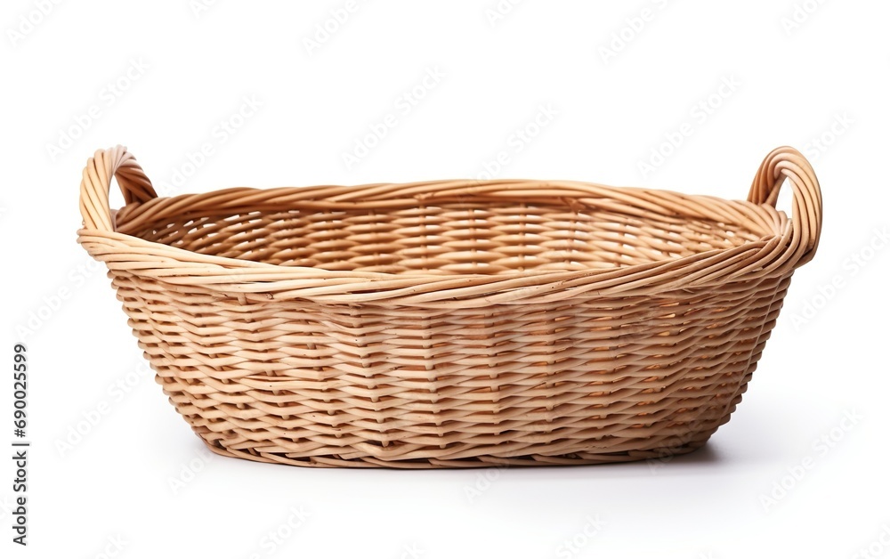 Empty wicker basket with handles for Easter, picnic isolated on white background Empty wicker basket with handles for Easter, picnic isolated on white background