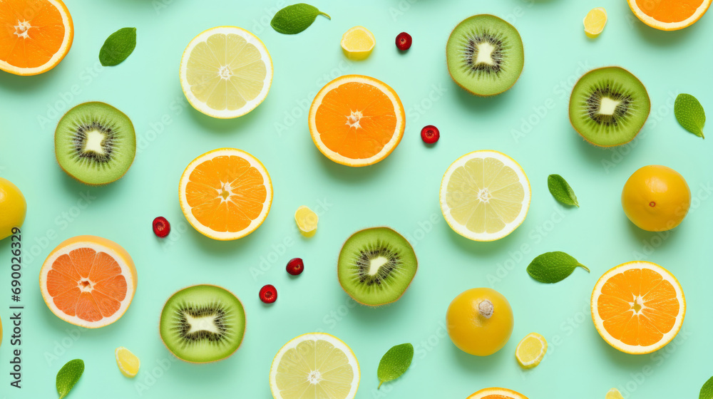Fresh fruits. Pattern of fruits and berries on a blue background. Flat design. Fresh fruits. Pattern of fruits and berries on a blue background. Flat design.