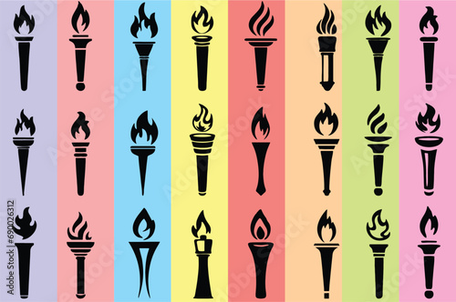 Set of traditional ancient Greek torch icons. Greece runner, Sport flame. Symbol of light and enlightenment. Editable vector burning stick, sports symbol icon, historical tradition icons. eps 10.
