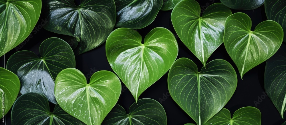 Close-up of heart-shaped leaves of anthurium clarinervium - an exotic houseplant with satin dark green foliage and white veining. Close-up of heart-shaped leaves of anthurium clarinervium - an exotic houseplant with satin dark green foliage and white veining.