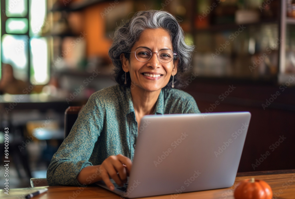 Attractive mature indian woman sitting in front of a laptop smiling Attractive mature indian woman sitting in front of a laptop smiling