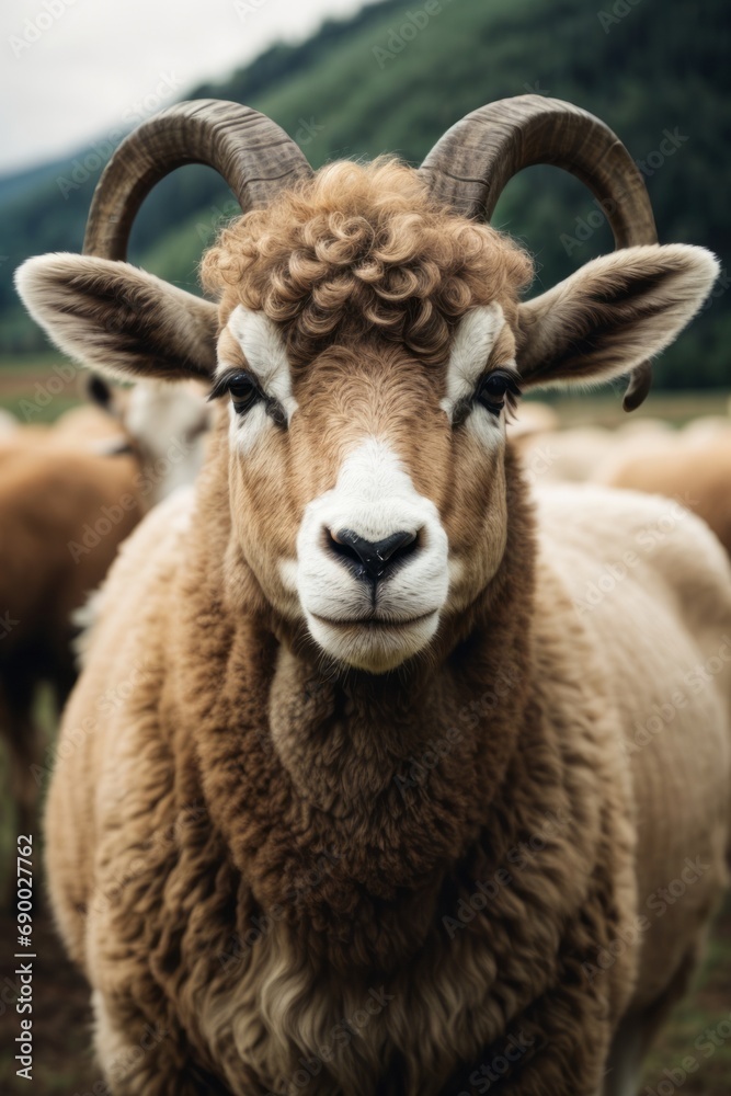 A beautiful ram with horns looks into the camera at the pasture. Farm, pets concepts. A beautiful ram with horns looks into the camera at the pasture. Farm, pets concepts.
