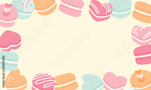 Romantic and sweet vector design frame of macarons in pastel colors.