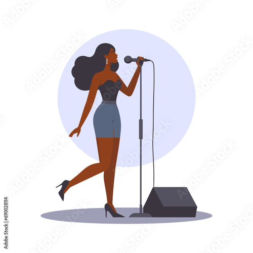 Singing black lady with a microphone flat design vector illustration.