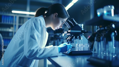 Laboratory scientist working with biohazardous samples. Focus on woman using microscope photo