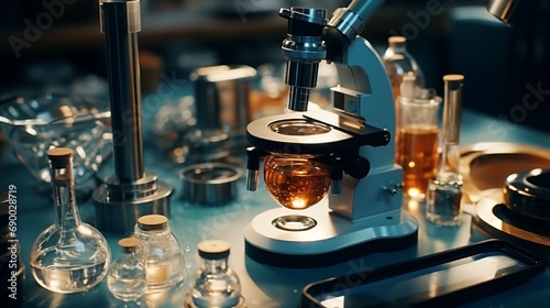 Microscope with lab glassware