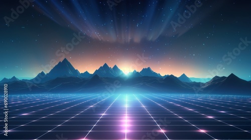 Digital retro sci fi Futuristic Background with light Grid landscape