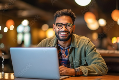 Attractive young indian man sitting in front of a laptop smiling