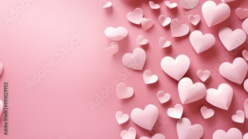 Cute romantic print on a background of pink hearts. The texture of the festive background for Valentine's day, romantic wedding design.