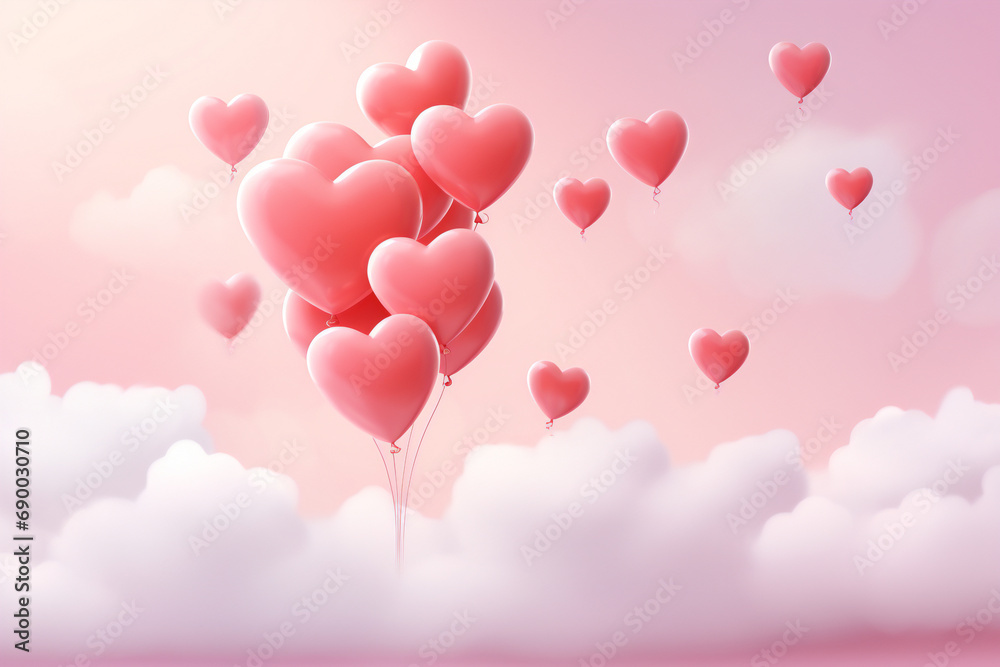 heart shaped balloons in sky Greeting card valentine days red heart on pink background banner format Place for text
