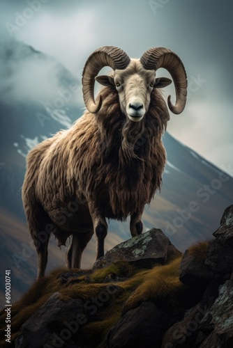 A ram standing on a rocky hill with a mountain in the background. Generative AI.