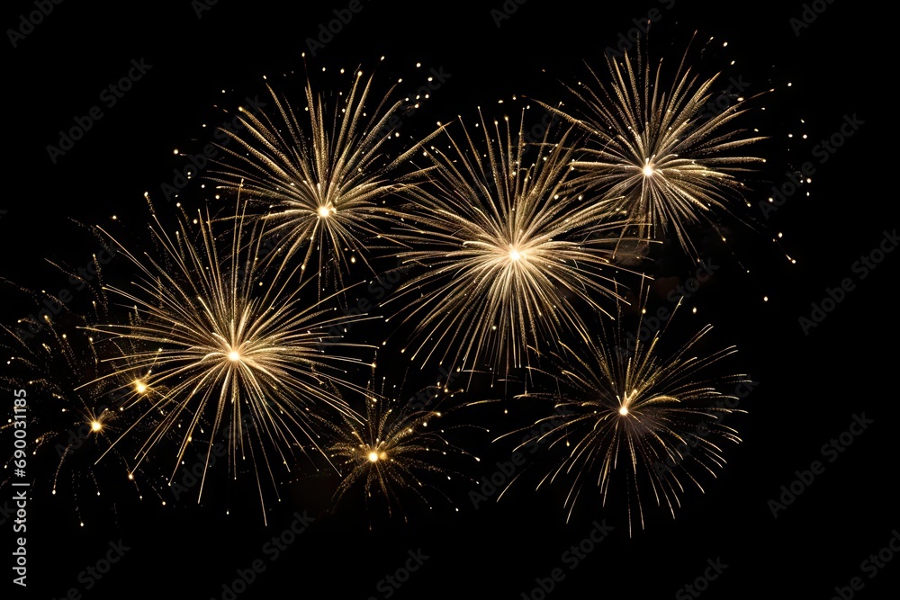 Naklejka premium Golden explosions of color. Spectacular fireworks display lighting up night sky in celebration of joyous festival or holiday event. Vivid and bright fireworks illuminate dark background