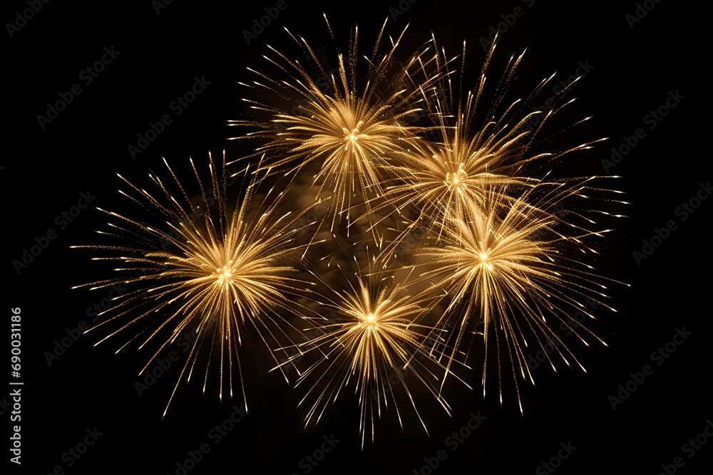 Obraz premium Golden explosions of color. Spectacular fireworks display lighting up night sky in celebration of joyous festival or holiday event. Vivid and bright fireworks illuminate dark background