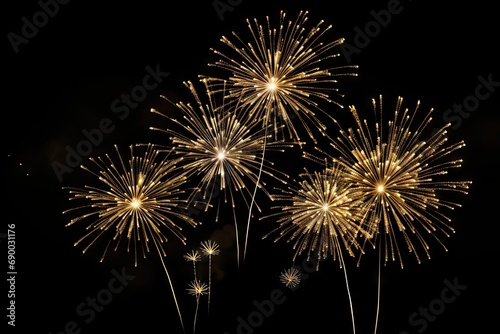 Golden explosions of color. Spectacular fireworks display lighting up night sky in celebration of joyous festival or holiday event. Vivid and bright fireworks illuminate dark background