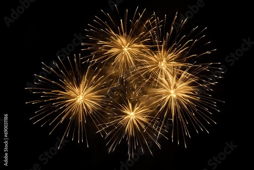 Golden explosions of color. Spectacular fireworks display lighting up night sky in celebration of joyous festival or holiday event. Vivid and bright fireworks illuminate dark background