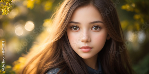A Beautiful girl Portrait in blurred background of nature #690031558