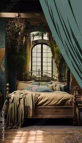 The enchanting color palette of the sleeping quarters, featuring earthy greens, soft browns, and ethereal blues, creating a harmonious and magical ambiance that enhances the connection with nature.