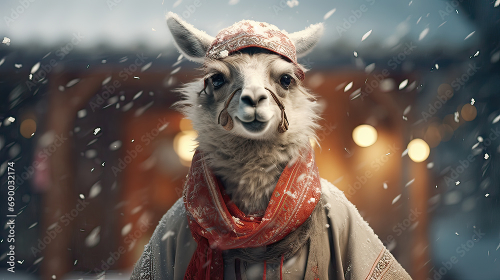 Llama dressed in festive winter gear, amidst falling snow Ai Generative