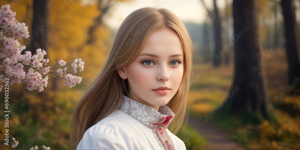 A Beautiful Russian girl Portrait in distance blurred background of nature A Beautiful Russian girl Portrait in distance blurred background of nature