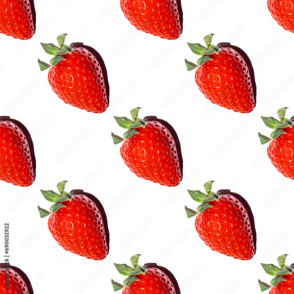 Seamless pattern of red saturated strawberries with a shadow on a white background. Summer natural sweet delicious food background. Suitable for wallpaper, textile, background, poster, greeting card