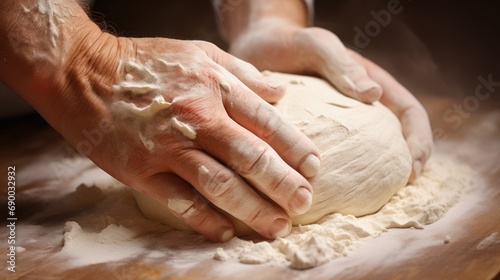 Close-up of a baker's hands expertly kneading dough on a flour-dusted table, crafting the perfect homemade bread.