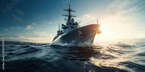 Foto Modern warship, frigate surging through the ocean of water with sparkling,