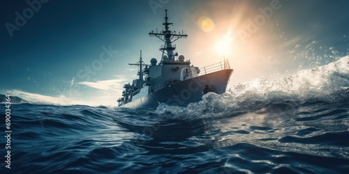 Fotografia Modern warship, frigate surging through the ocean of water with sparkling,