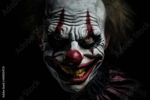 A terrifying evil clown with dark and fearsome makeup, creating a sense of horror and fear.