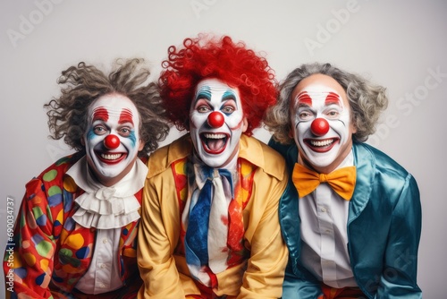 A vibrant group of clowns in festive costumes celebrating a lively and joyful party. photo