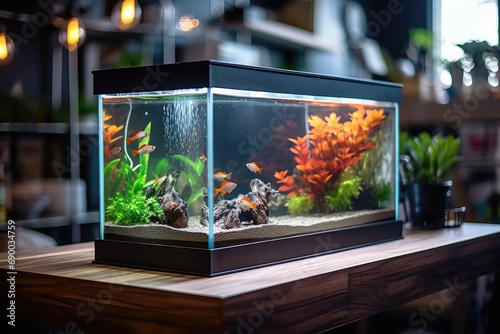 A lush aquarium with tropical fish, green plants, and a vibrant underwater landscape at home. © Andrii Zastrozhnov