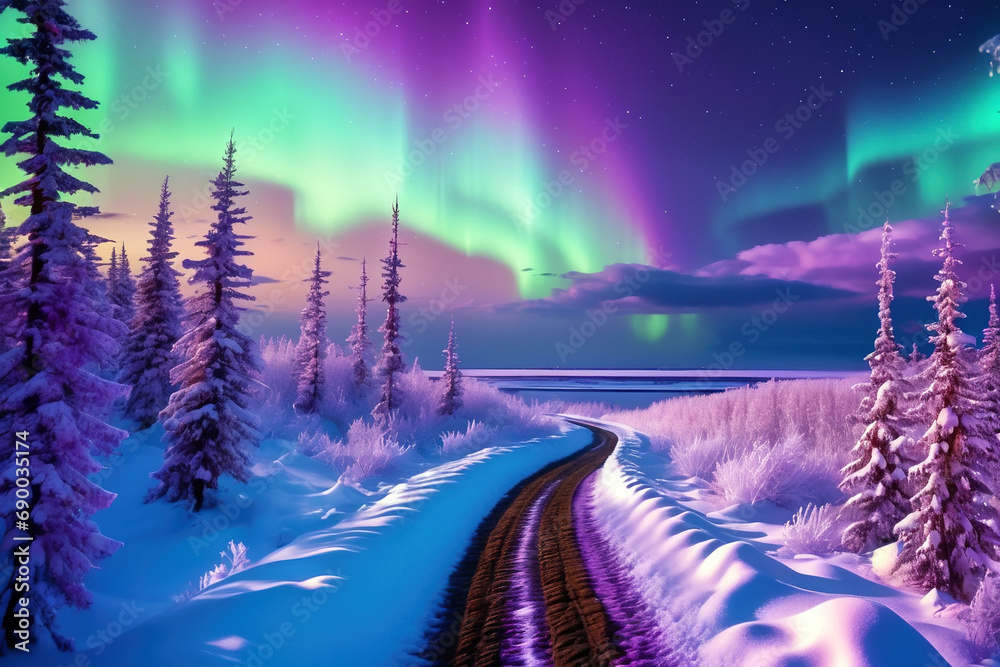 Bright northern lights in the night sky over a snowy forest