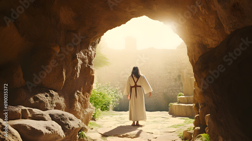 Resurrection Of Jesus at empty tomb at sunrise photo
