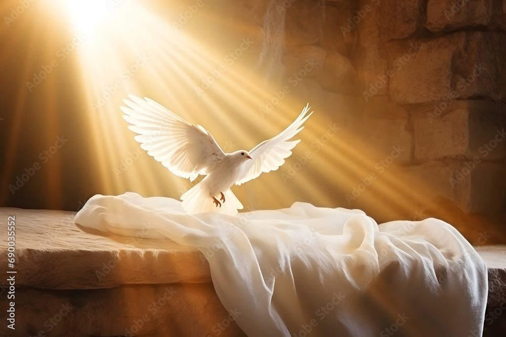 Naklejka premium Resurrection Of Jesus Christ Concept. White Bird, Shroud And Crucifixion At Sunrise