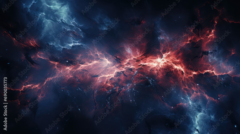 An intense and fiery abstract scene with electric blue and red veins, resembling a storm or nightmare.