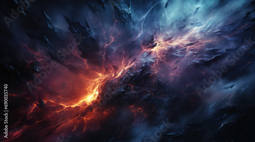 An intense and fiery abstract scene with electric blue and red veins, resembling a storm or nightmare.