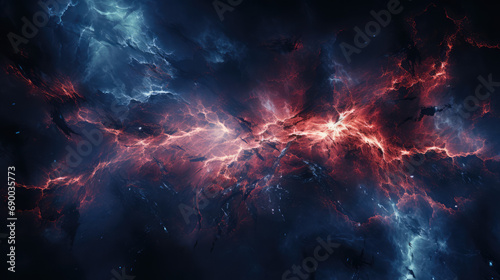 An intense and fiery abstract scene with electric blue and red veins, resembling a storm or nightmare.