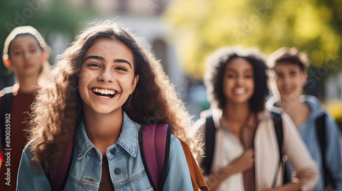 American students smiling happily on the first day of school. Back to School concept.