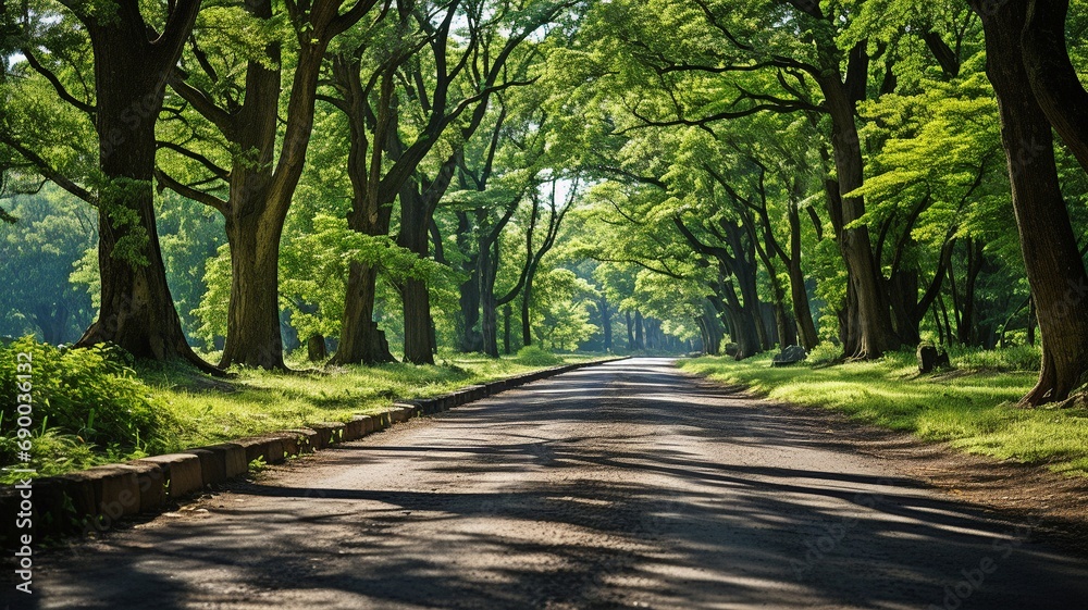 Fototapeta premium Green grass next to an asphalt road .